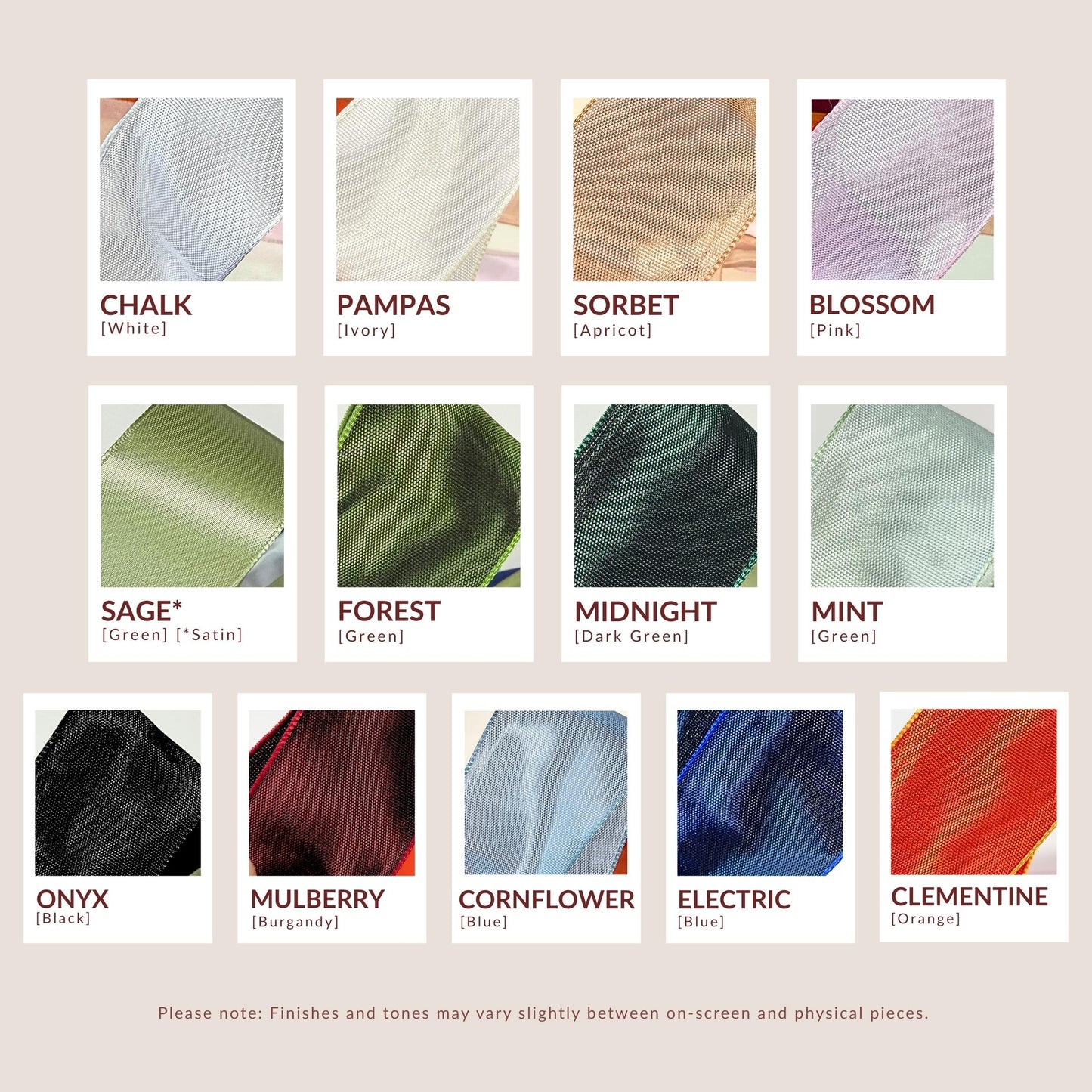 Color swatch chart with various fabric color options on a beige background