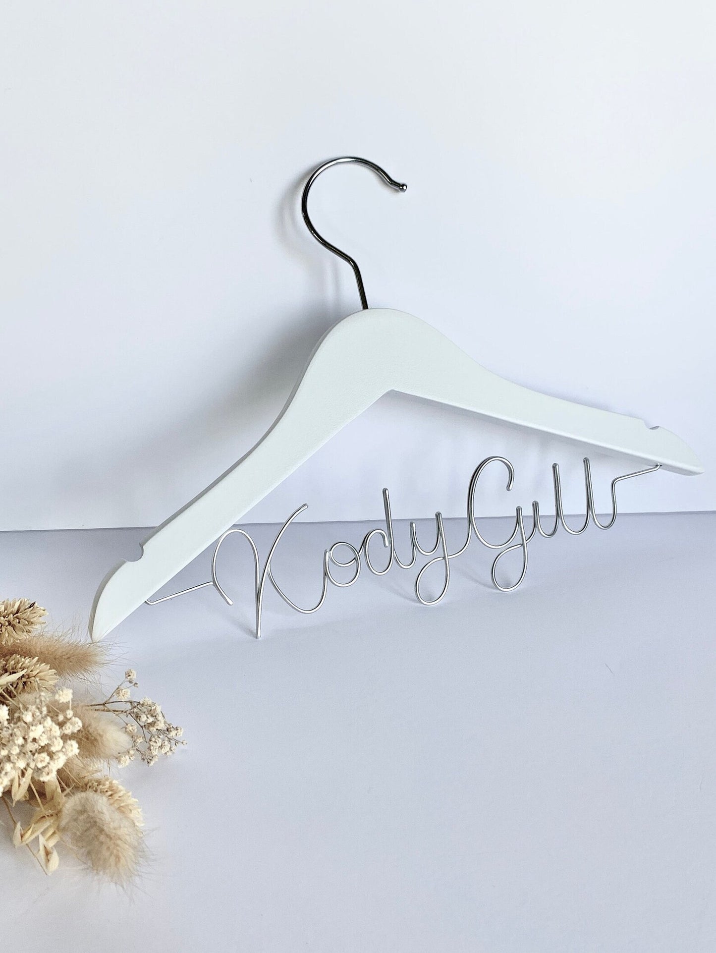 personalised child hanger for wedding, silver wire, white hanger