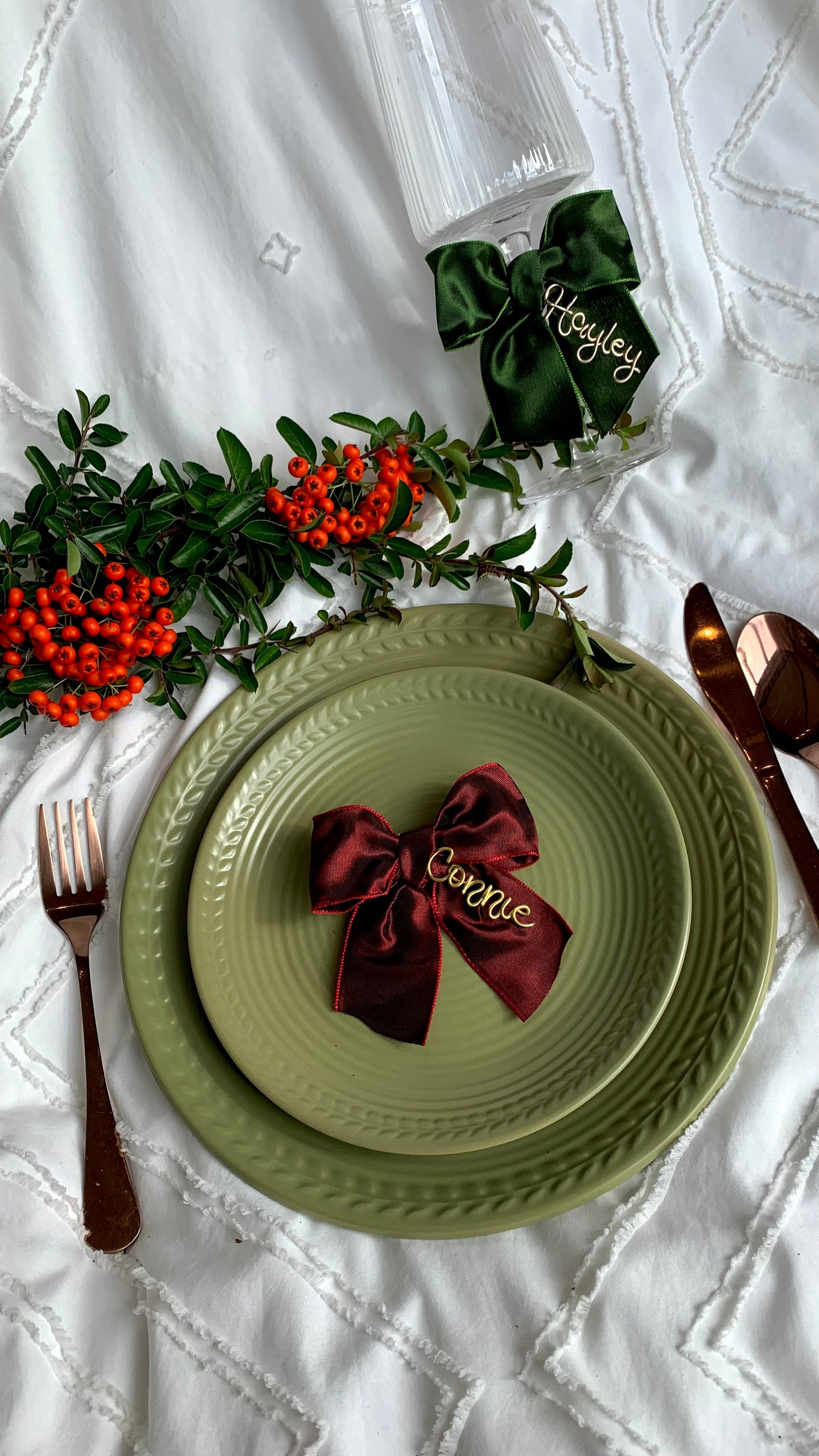 Personalised Bow for Christmas Table: Custom Place Setting Ribbon The Wire Boutique