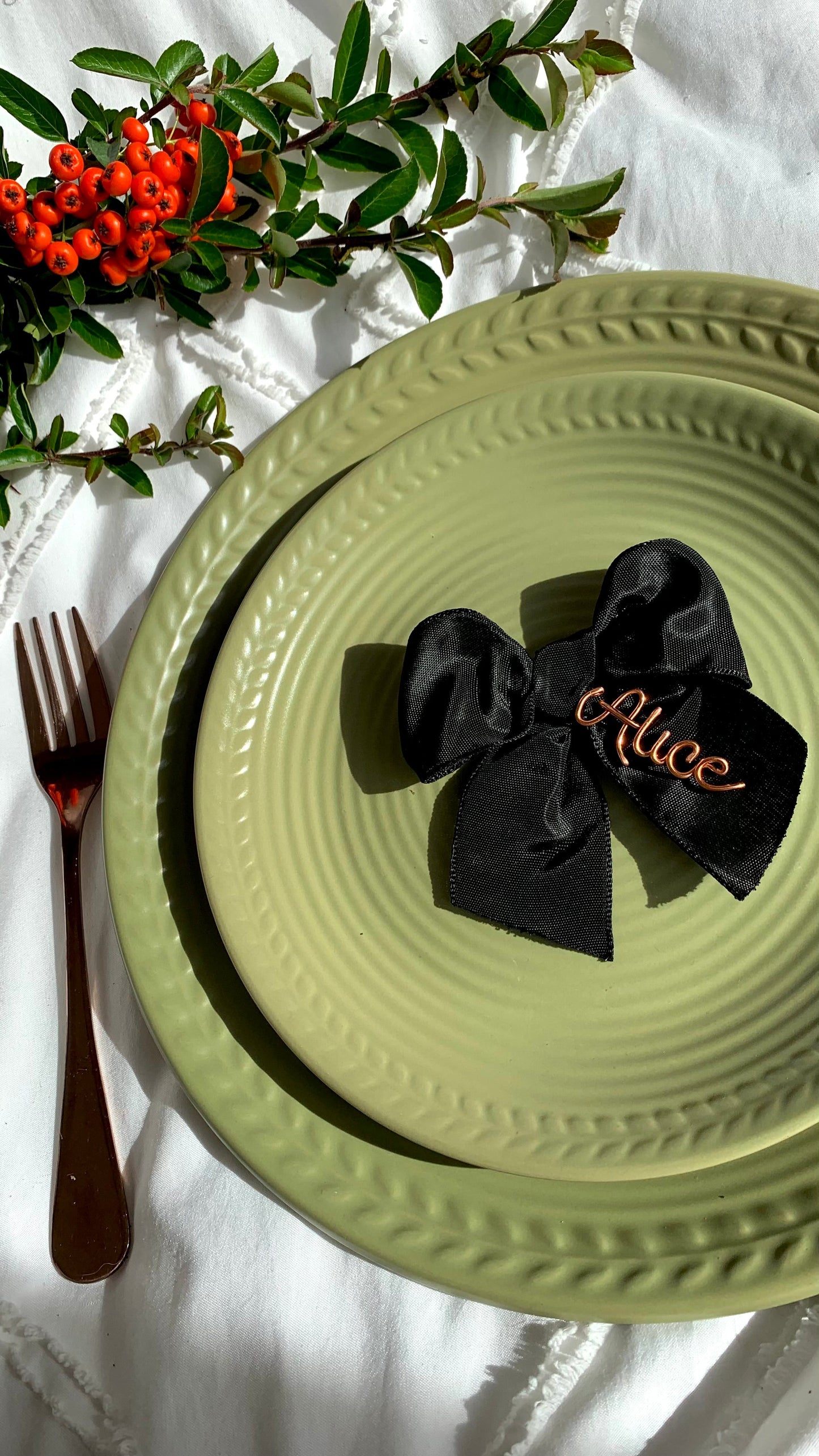 Personalised Bow for Christmas Table: Custom Place Setting Ribbon The Wire Boutique