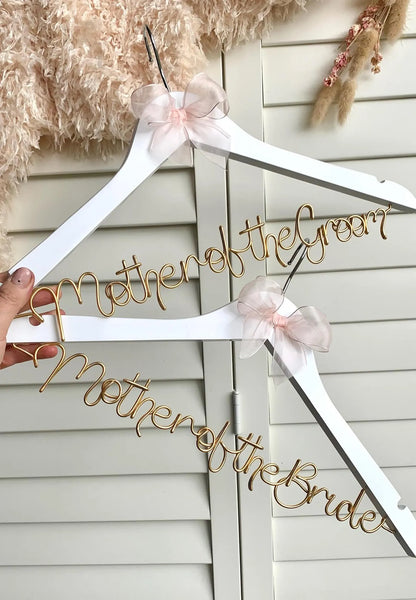 personalised wedding hangers with wire lettering for mother of the bride and mother of the groom