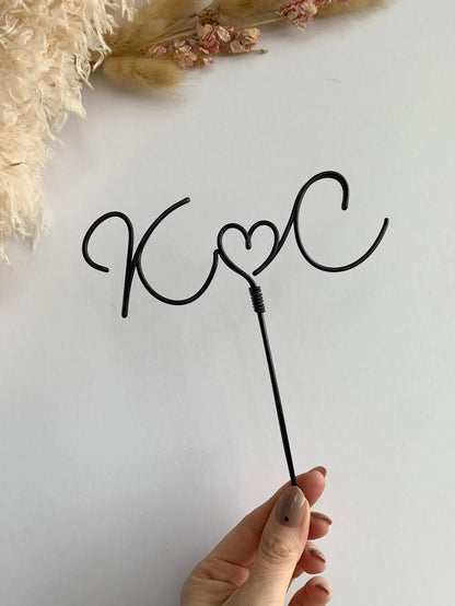 black wire, custom cake topper, couples letters with heart inbetween