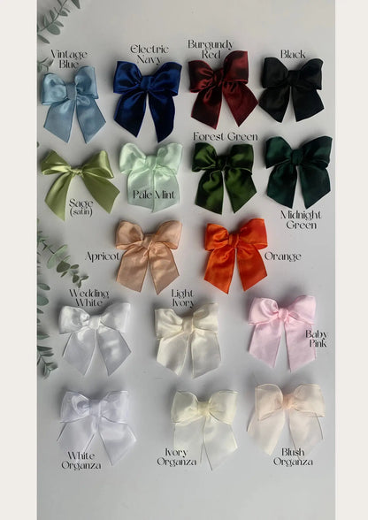 Collection of colorful bows with labeled colors on a light gray background