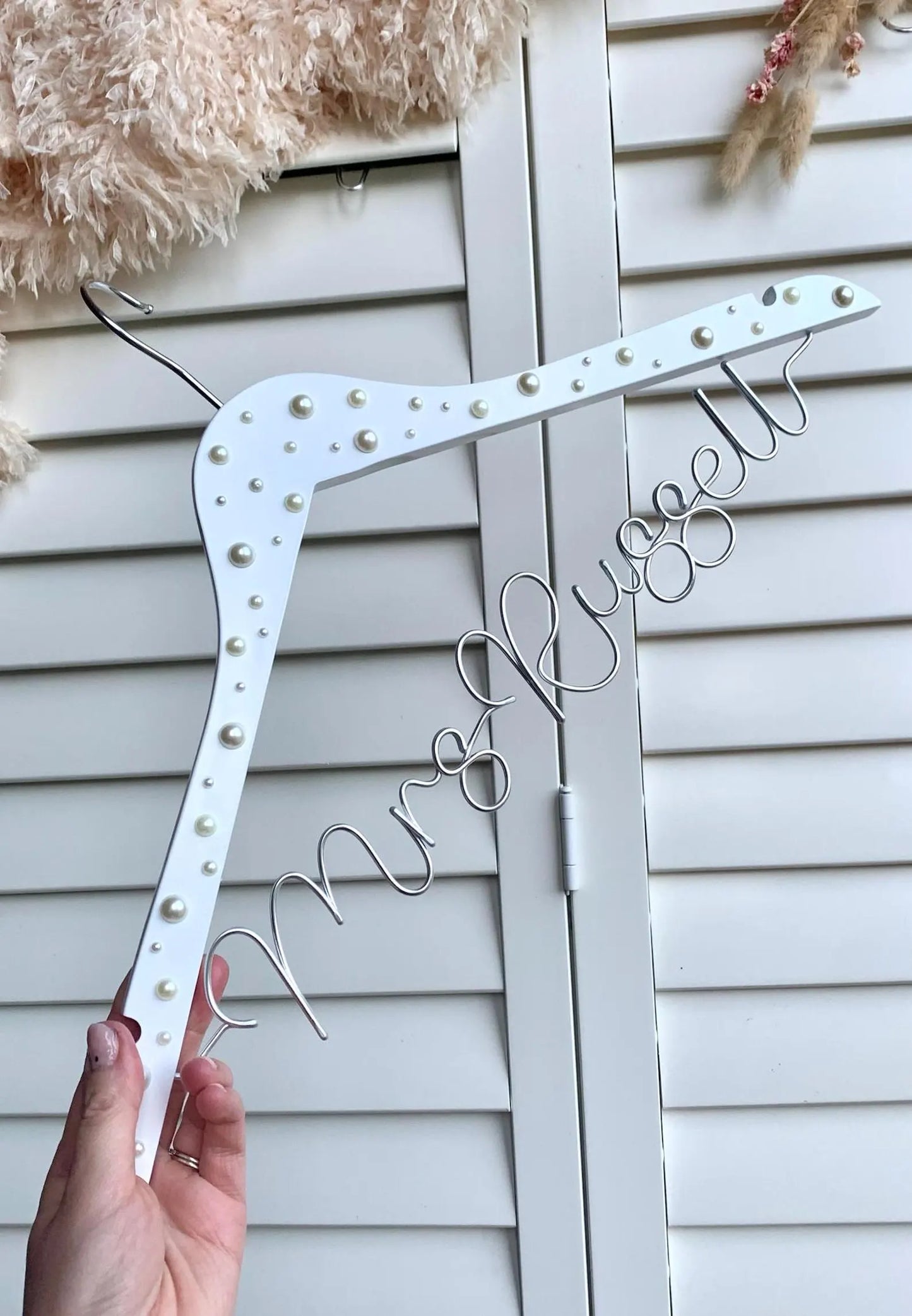 white bridal dress hanger, customised wire lettering in silver, with pearls