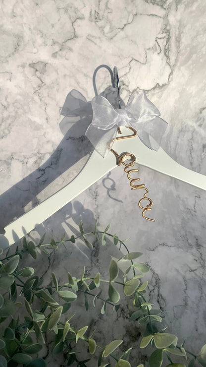 bridesmaid dress hanger with personalised wire name tag