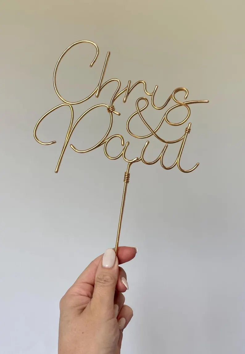 gay couples names on wedding cake topper, handmade in bronze gold wire