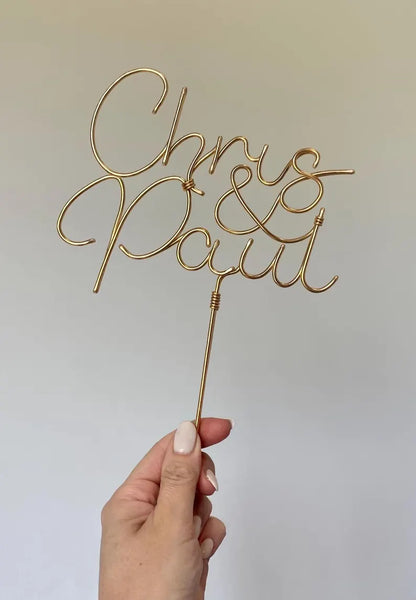 gay couples names on wedding cake topper, handmade in bronze gold wire