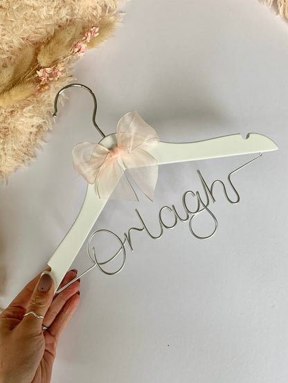 mini wedding hanger for child, personalised wire name in silver