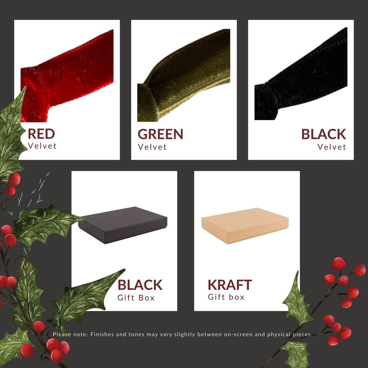 A product options graphic showing five color/material choices: red velvet, green velvet, black velvet, black gift box, and kraft gift box, each displayed as a swatch/card with a small photo of the material. Holly and red berries decorate the corners on a dark gray background.