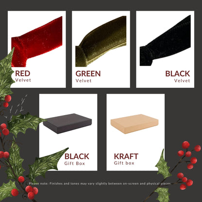 A product options graphic showing five color/material choices: red velvet, green velvet, black velvet, black gift box, and kraft gift box, each displayed as a swatch/card with a small photo of the material. Holly and red berries decorate the corners on a dark gray background.