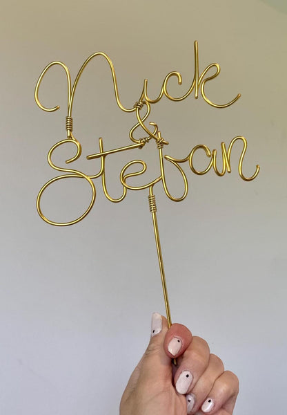 wedding cake topper for gay couple, in yellow gold wire