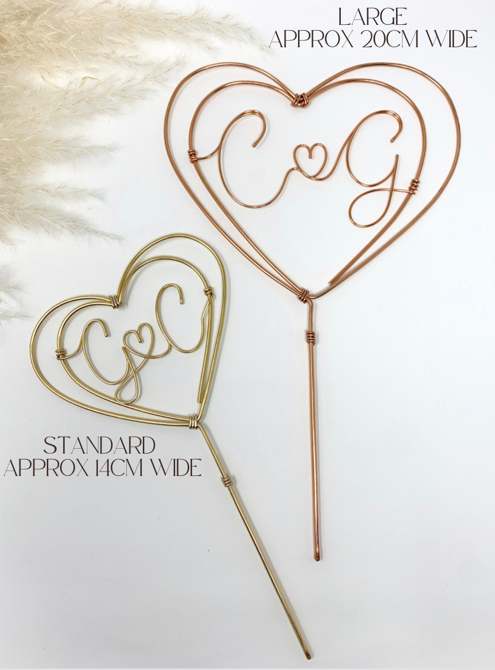 size options for heart wire cake topper - standard 14cm, large 20cm