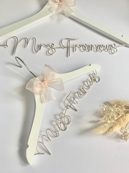 matching bride and flower girl wedding hanger set, white wood hangers with custom wire lettering