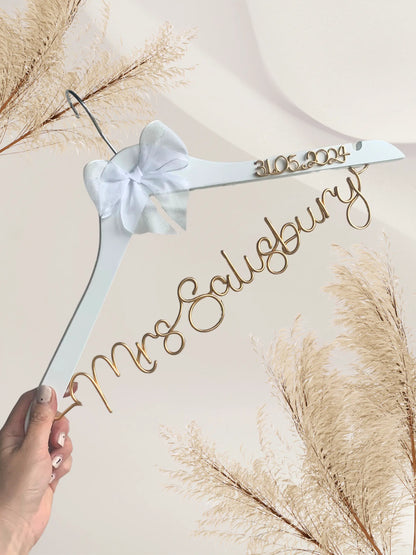 personalised dress hanger for bride, with wire name and wedding date