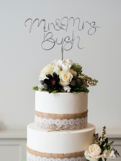 silver wire personalised cake topper, mr and mrs married name
