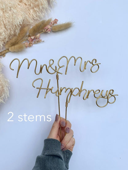 yellow gold wire wedding cake topper, in two stem variant