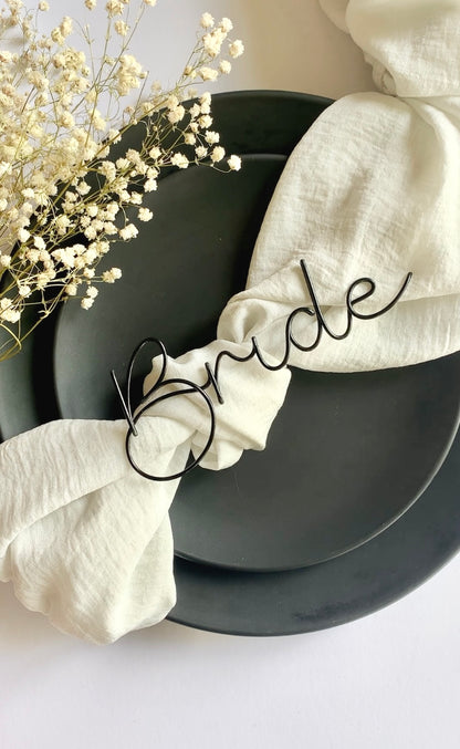 personalised wire place name, for wedding or dinner party, handmade in black wire reading ‘Bride’